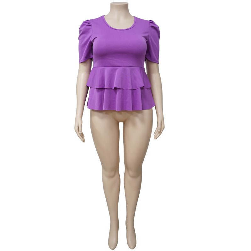 Plus Size Ruffles Short Sleeve T Shirt NNWF 7071
