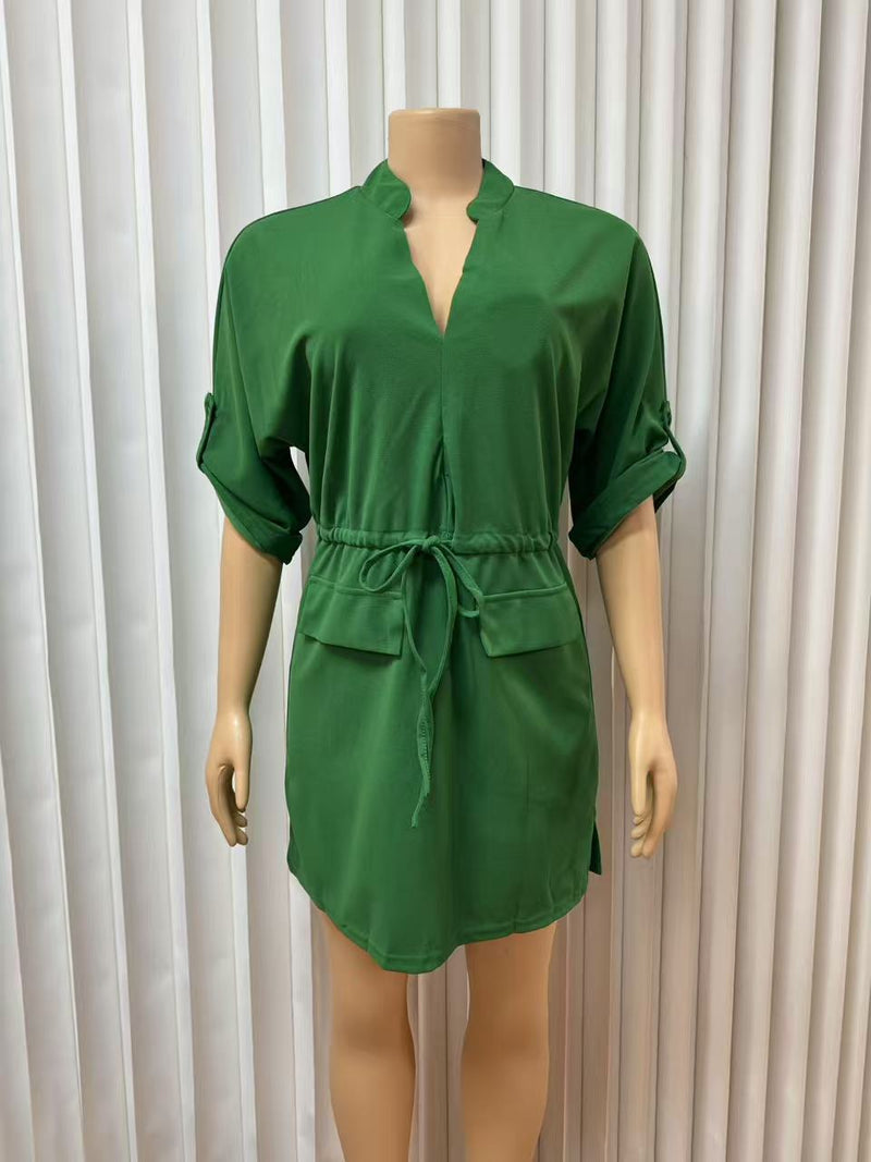 Loose V Neck Tie Up Mini Dress GADE 2546