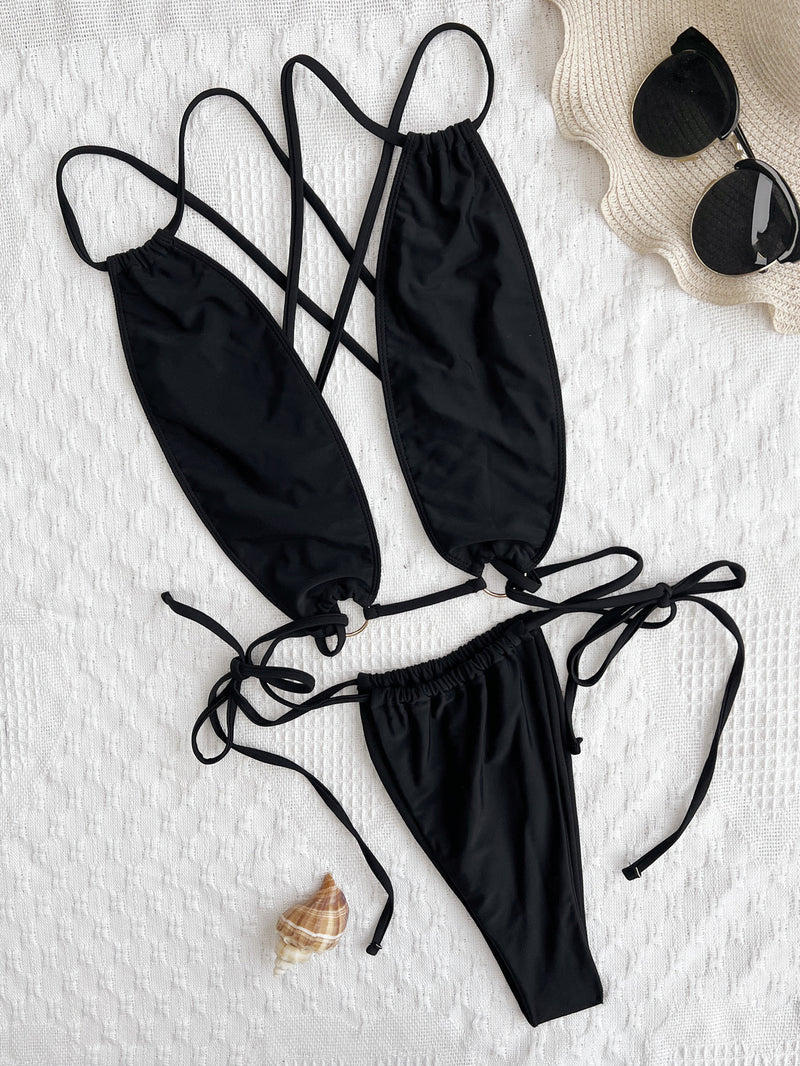 Solid Color Sexy Cross Tie Up One Piece Swimsuit CASF 6588