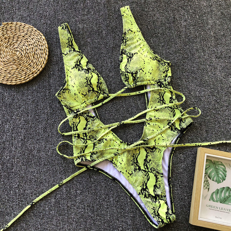 Leopard Print Cutout Tie Up One Piece Swimsuit CSYZ A992