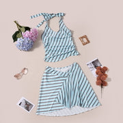 Stripe Backless Tie Up Top Two Piece Skirts Set GFRT 32645SBY