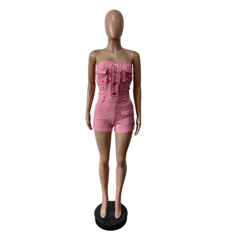 Solid Color Wrap Chest Denim Romper MEM 88636