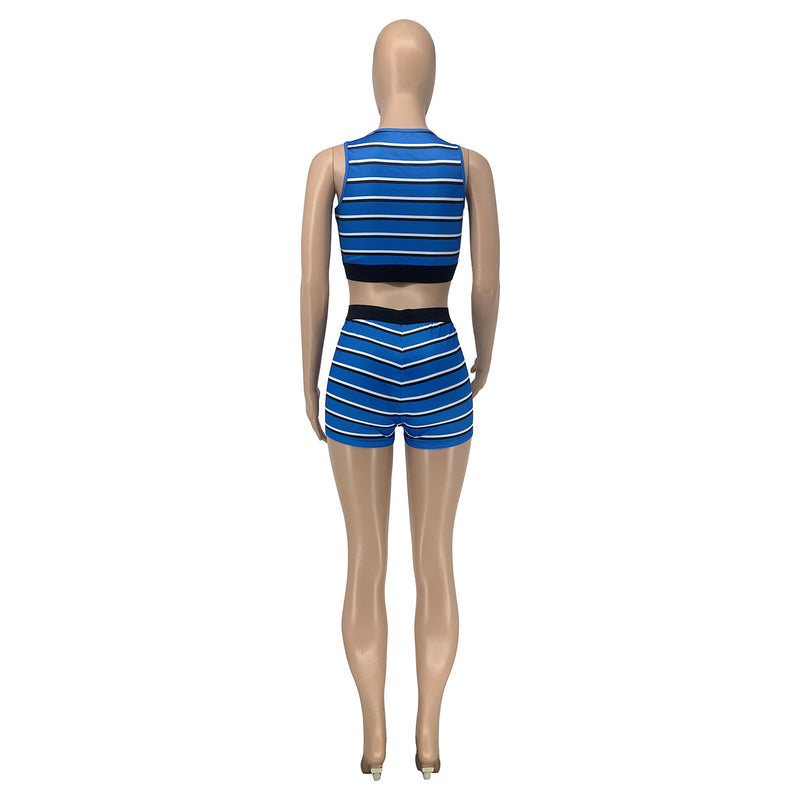 Summer Stripe Sleeveless Two Piece Shorts Set GLF 10128