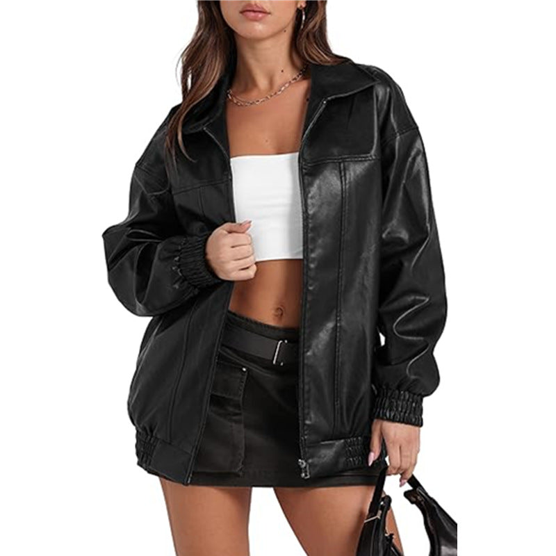 Long Sleeve Collared Zipper PU Leather Jacket GYOU CX830