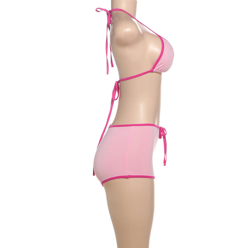 Color Block Tie Up Bikinis Two Piece Short Set DLSF K25S63780