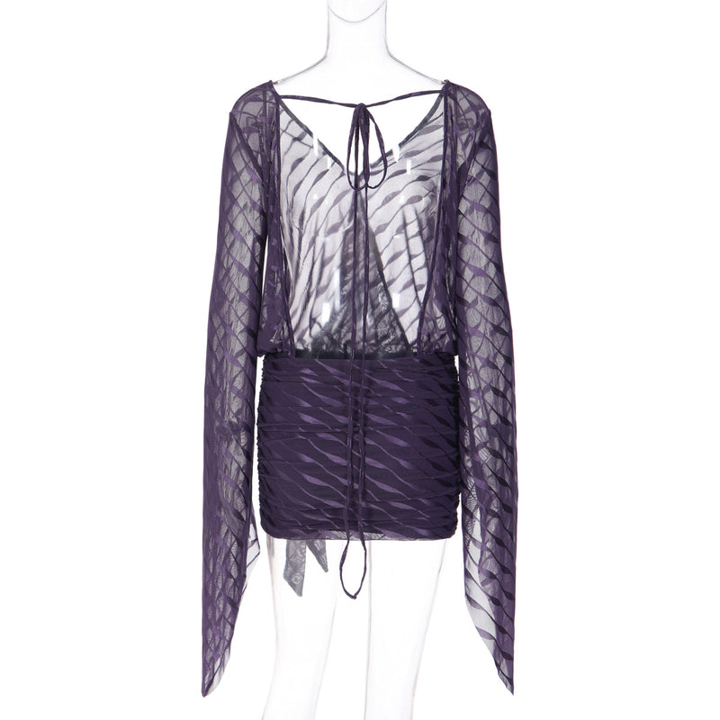 Mesh Backless Tie Up Mini Dress GLAG D5C21067H