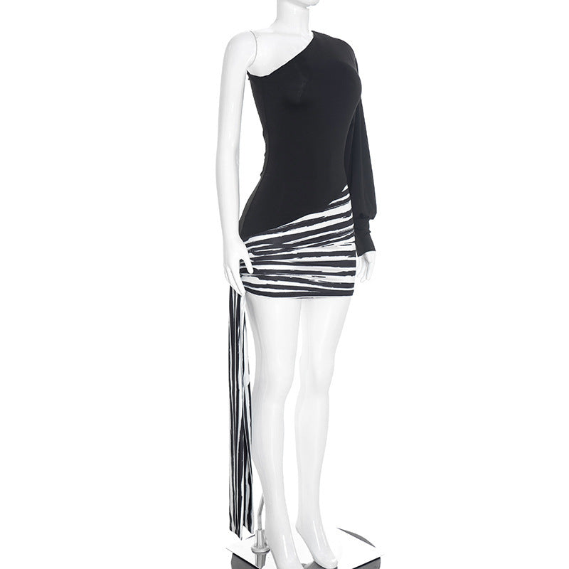 Single Shoulder Long Sleeve Stripe Mini Dress GSZM C26DS328