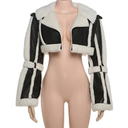 Leather Patchwork Long Sleeve Coats GZJQ K24C75271
