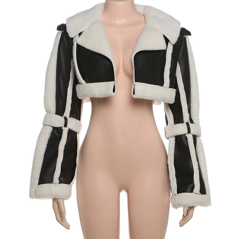 Leather Patchwork Long Sleeve Coats GZJQ K24C75271