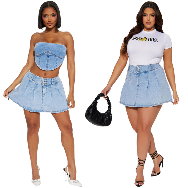 Sexy Slim Denim Pleated Mini Skirt LX 6006