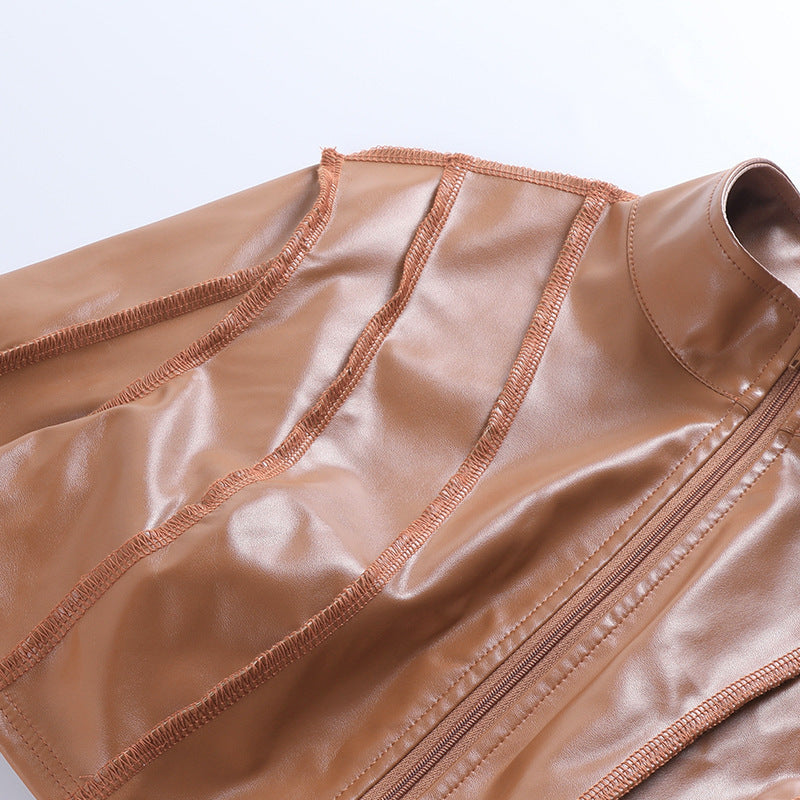 Long Sleeve Ultra Short Zipper Leather Jacket GPBY 1513