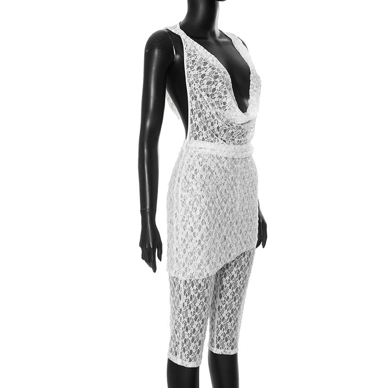 Deep V Neck Lace Tops And Seventh Pants Suit GDSF J25ST036