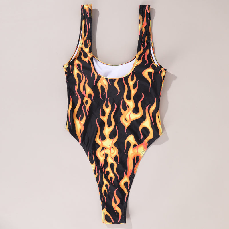 Flame Print Sleeveless One Piece Swimsuit DYSC DY9108031