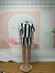 Striped Lapel Short Sleeve Top Shorts Set SFY 734