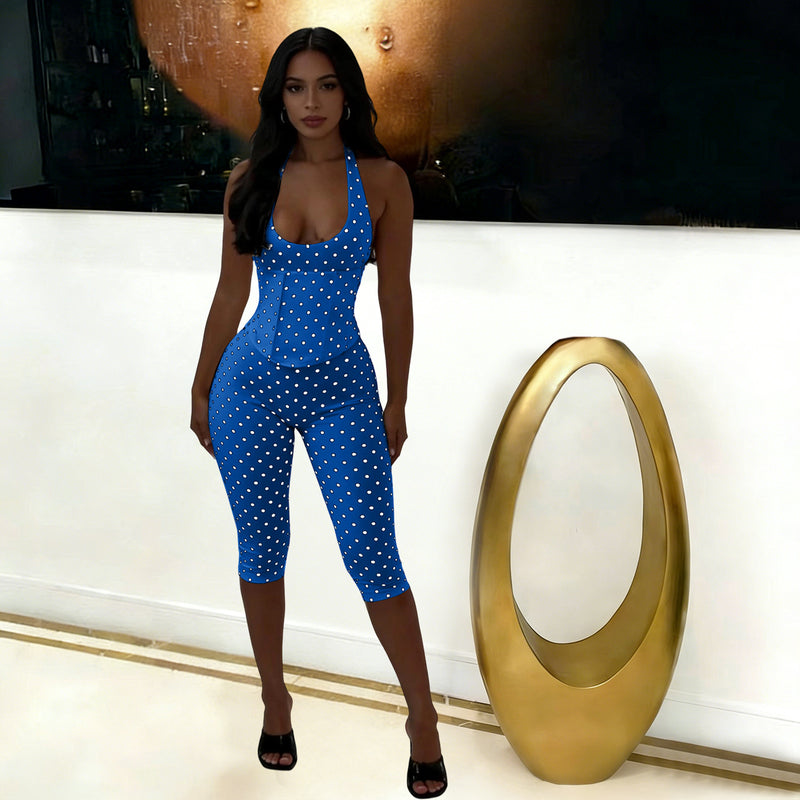Polka Dots Print Halterneck Tie Up Seventh Jumpsuit TK 6350