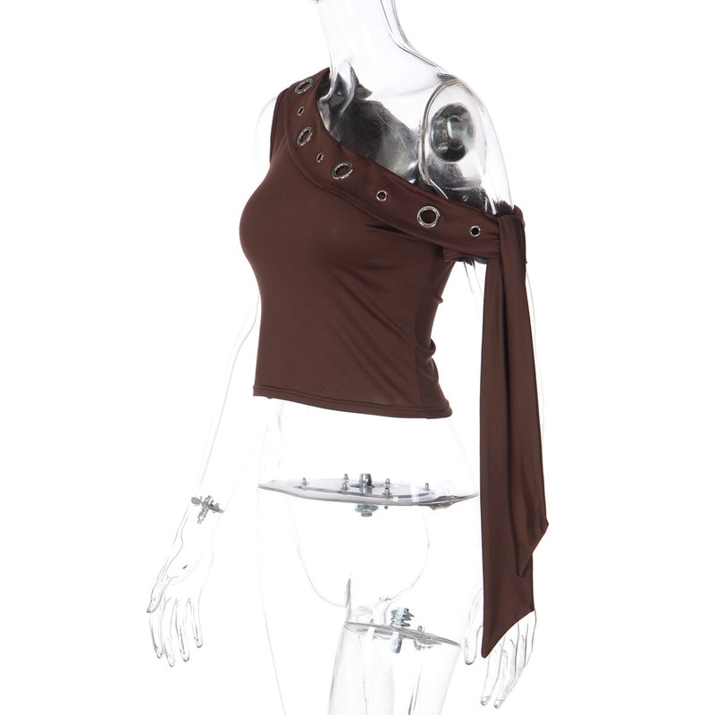 Slash Shoulder Solid Color T Shirt LJSF T5C20916X