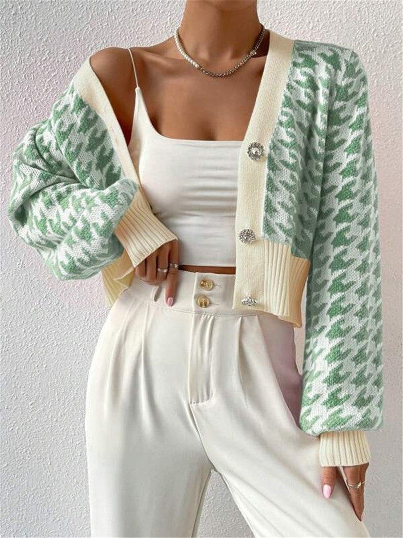 Houndstooth Patterned Knit Cardigan Coat GZYF 1087