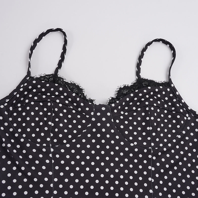 Polka Dot Print Lace Patchwork Sling Maxi Dress GPKJ MR51282