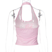 Print Sleeveless Halterneck Tank Tops LJSF T6321200X