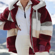 Plus Size Warm Plush Patchwork Zipper Hooded Loose Jacket GOFY 80160