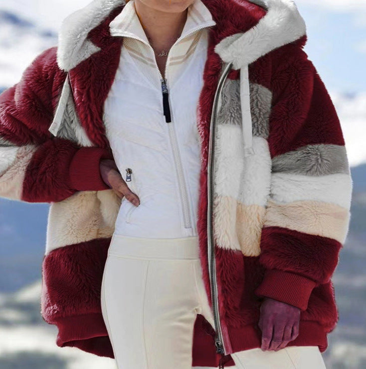 Plus Size Warm Plush Patchwork Zipper Hooded Loose Jacket GOFY 80160