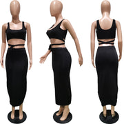 Solid Color Sling Vest And Tie Up Long Skirt 2 Piece Set BGN 161