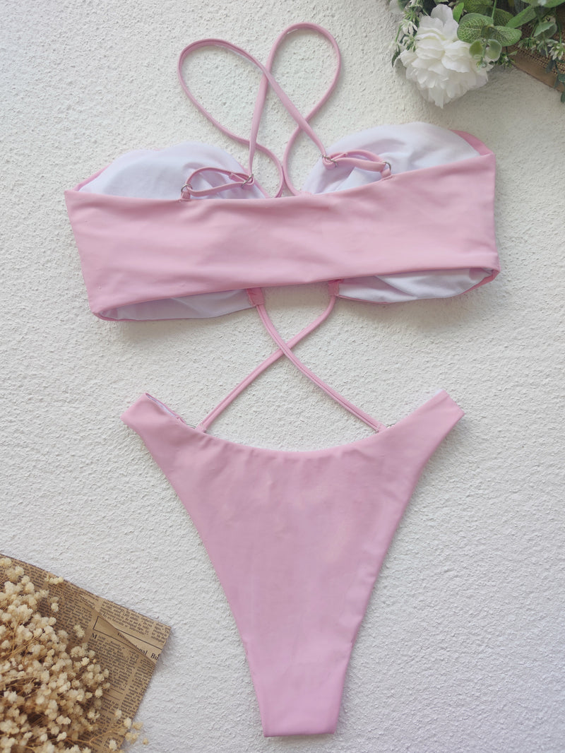 Solid Sexy Hollow Bandage One Piece Swimsuit CASF 6342
