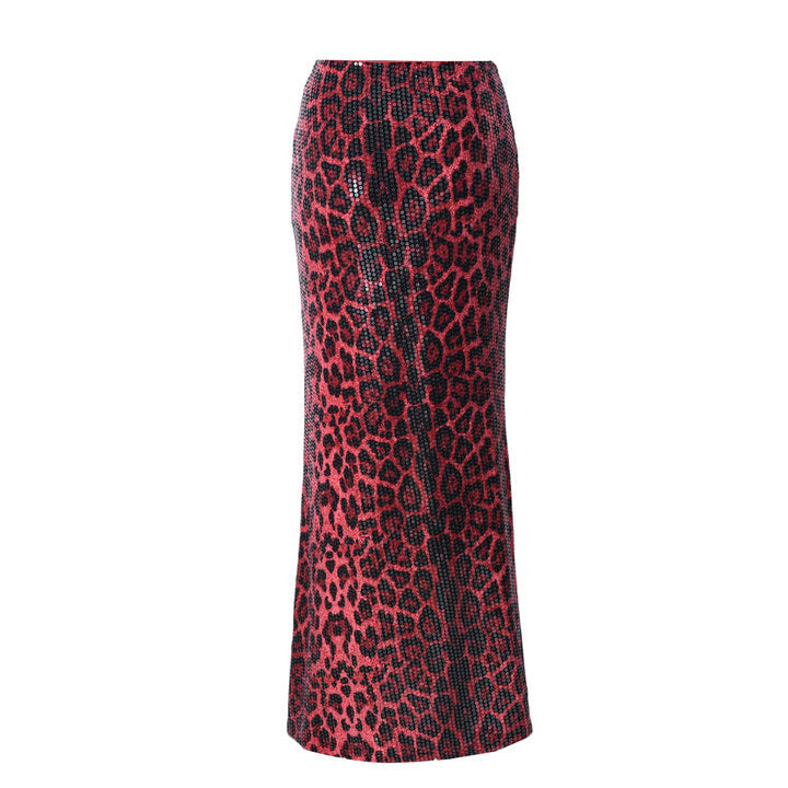 Leopard Print Sequin Patchwork Long Skirt GBTF 51515DHD