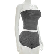 Stripe Wrap Chest Top Two Piece Shorts Set GDSF D26ST116