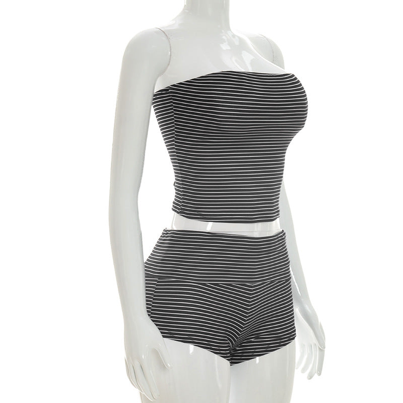 Stripe Wrap Chest Top Two Piece Shorts Set GDSF D26ST116