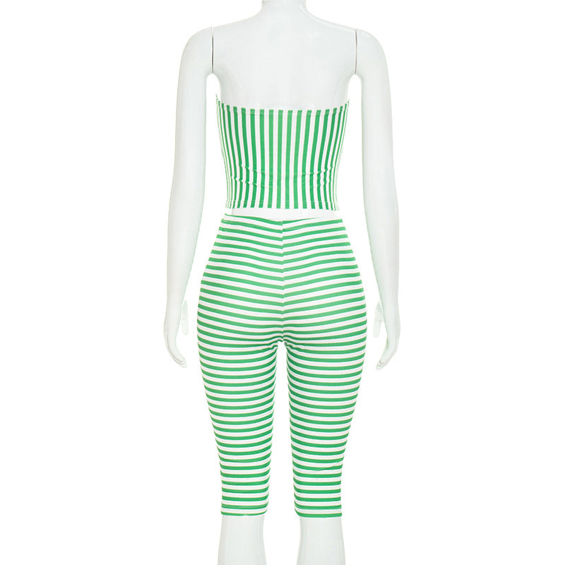 Stripe Print Warp Chest Top Seventh Pants Suit MXBF J26ST301