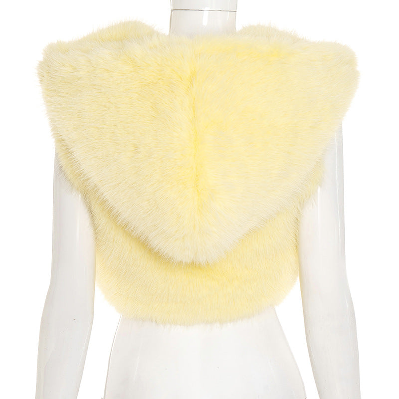 Solid Color Fur Zipper Hooded Short Jacket GDSF J25TP213