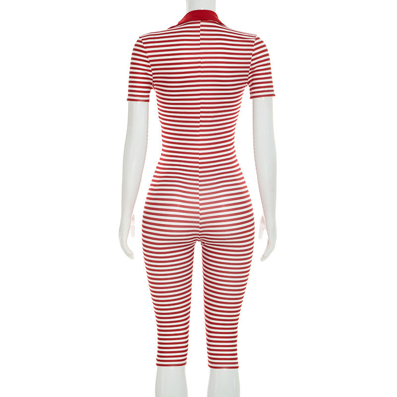Stripe Print Lapel Seventh Jumpsuit MXBF D26JP197