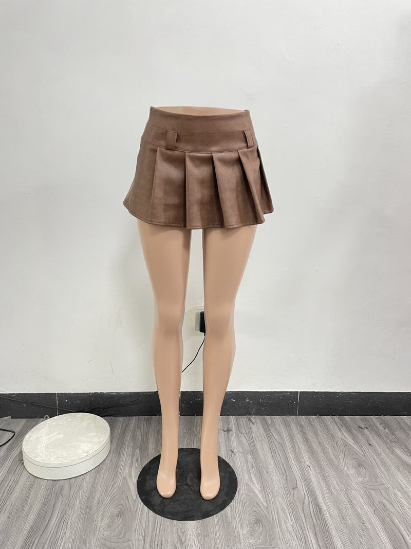 Sexy Solid Zipper PU Leather Pleated Skirt NYF 8167