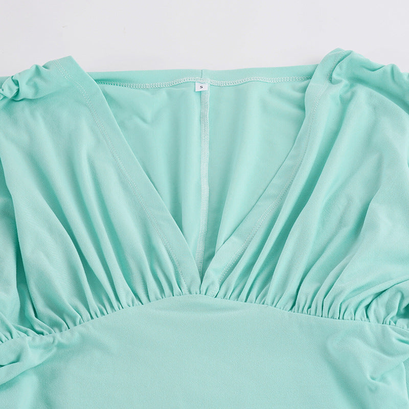 V Neck Ruched Long Sleeve Mini Dress GPKJ MR51063