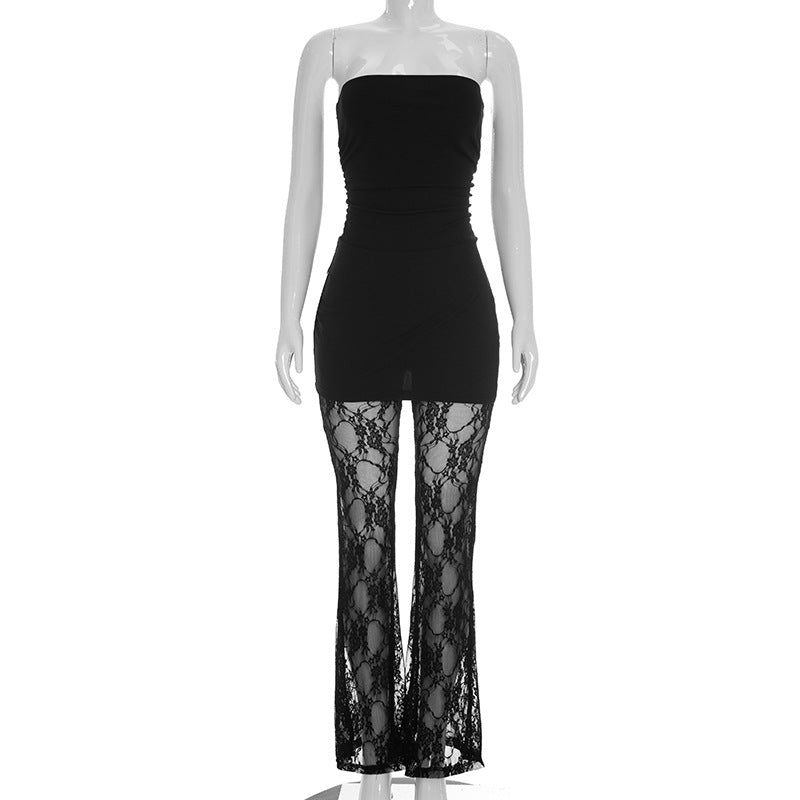 Solid Color Lace Patchwork Split Jumpsuit MXBF D26JP093