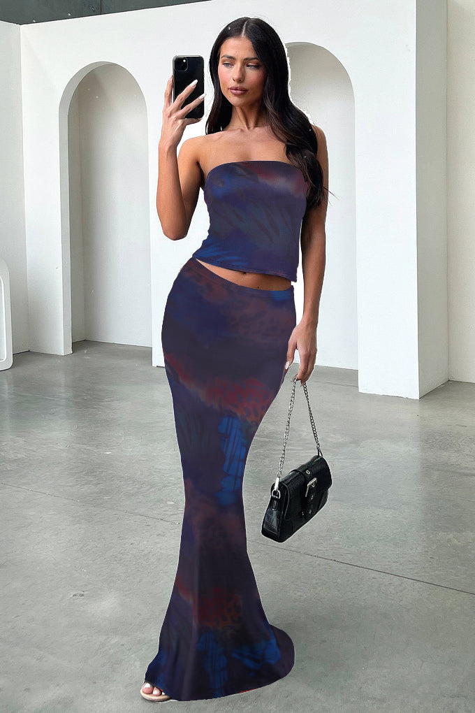Solid Color Wrap Chest Long Skirt 2 Piece Set MZ 2890