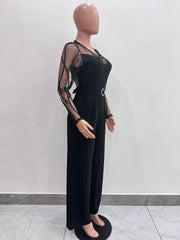 Mesh Embroidery Belt Wide Leg Jumpsuit LA 6006