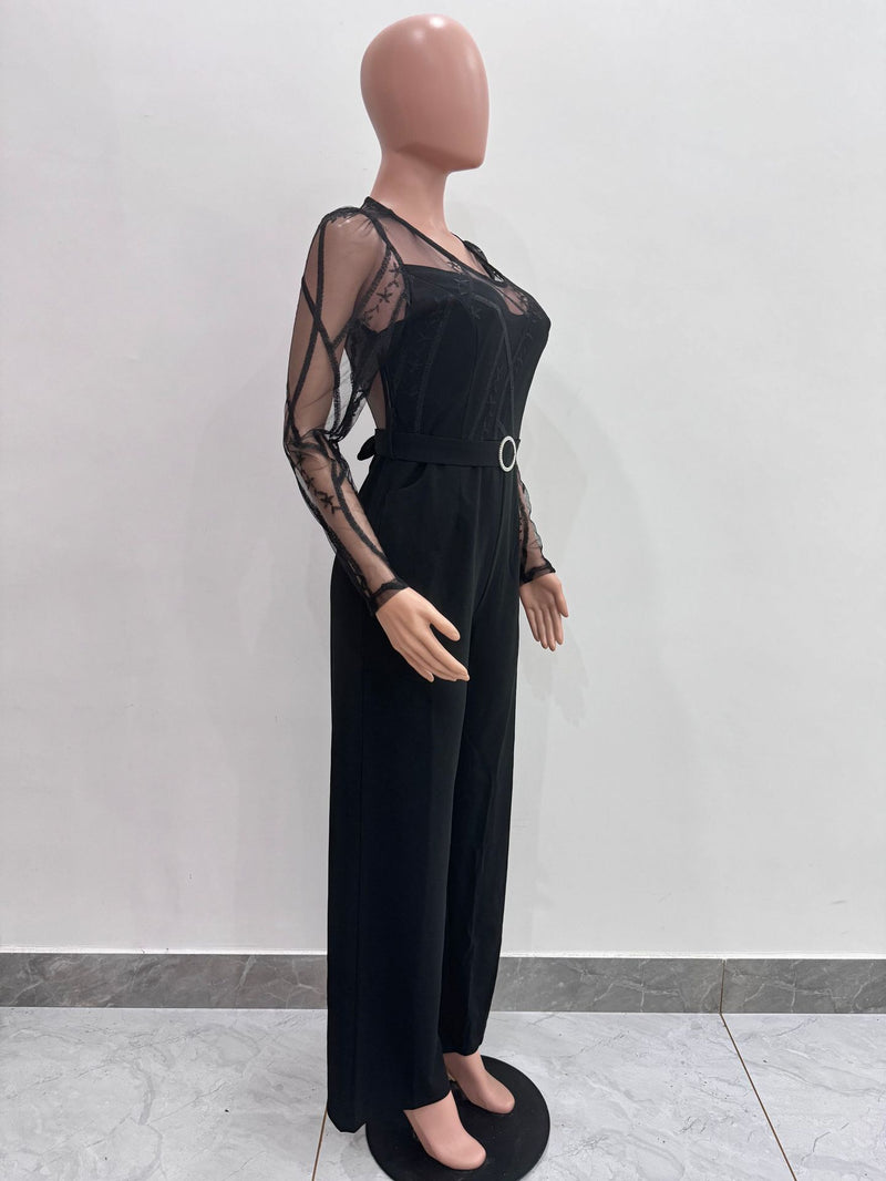 Mesh Embroidery Belt Wide Leg Jumpsuit LA 6006