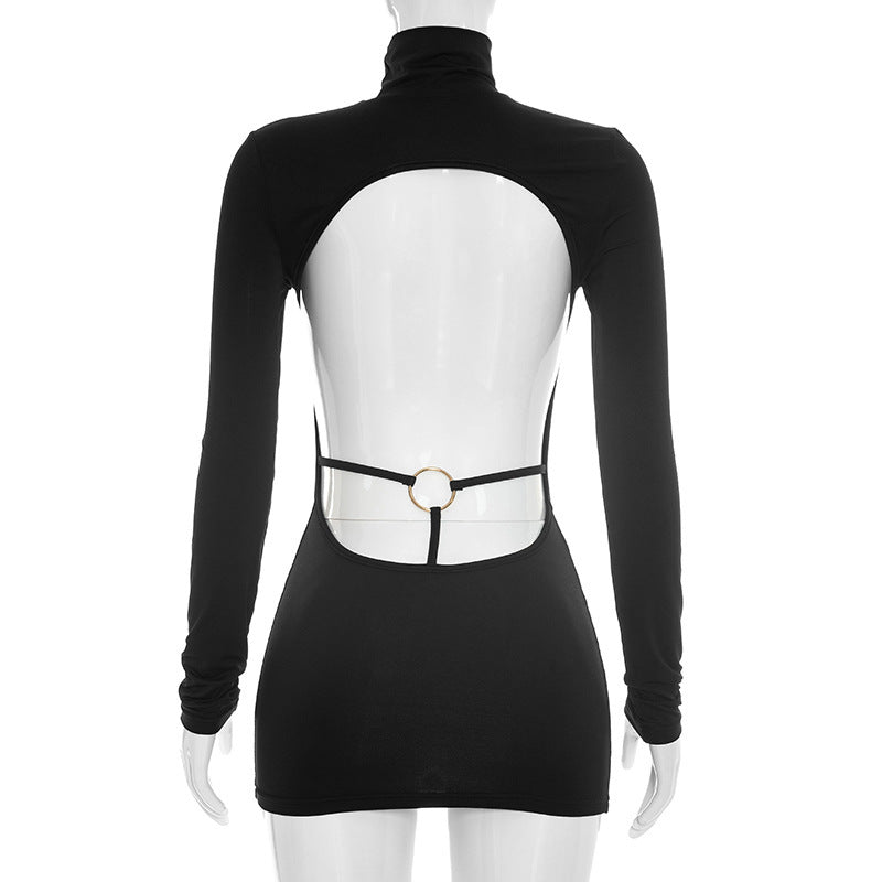 Solid Color Long Sleeve Backless Mini Dress GSZM D26DS232