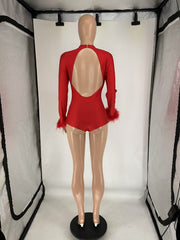 Feather Splicing Long Sleeve Backless Romper QXLB 10099