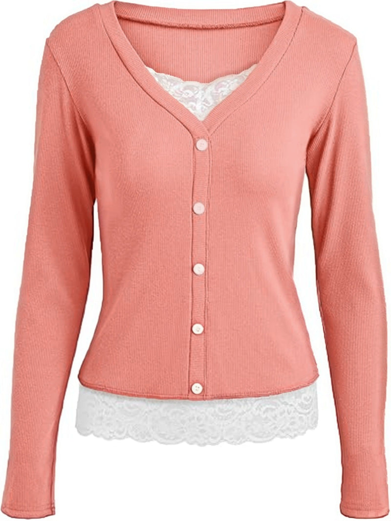 Fashion Lace Splice Long Sleeve Tops GYOU CX1031
