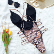 Snake Skin Print V Neck Hollow One Piece Swimsuit CASF 6101