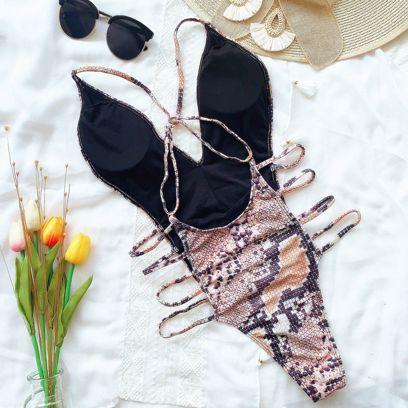 Snake Skin Print V Neck Hollow One Piece Swimsuit CASF 6101