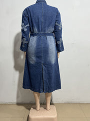 Plus Size Denim Cross Embroidered Long Trench Coat GAKF A41016