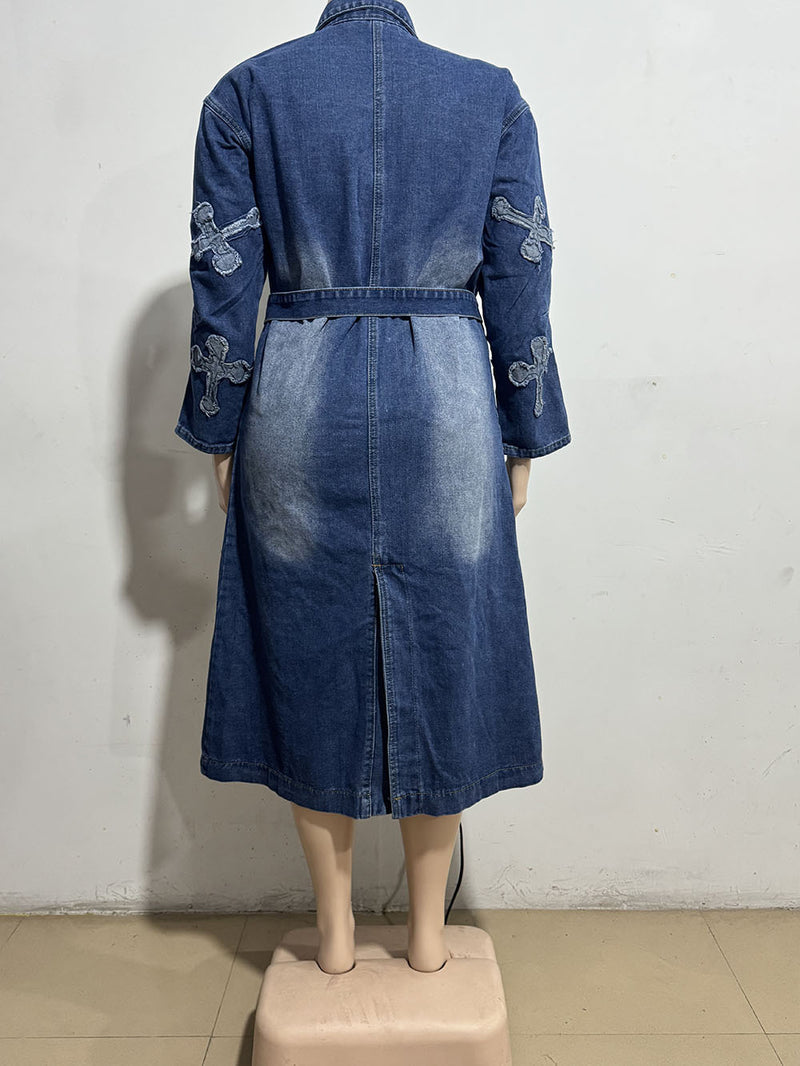 Plus Size Denim Cross Embroidered Long Trench Coat GAKF A41016