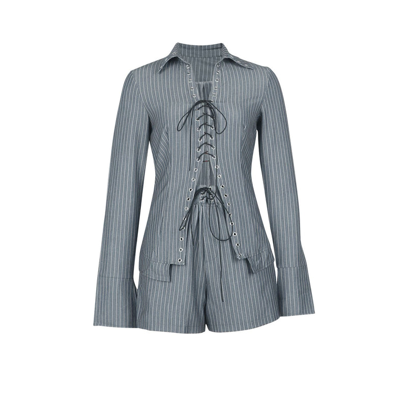 Stripe Lapel Short Sleeve Tie Two Piece Shorts Set AIL 324