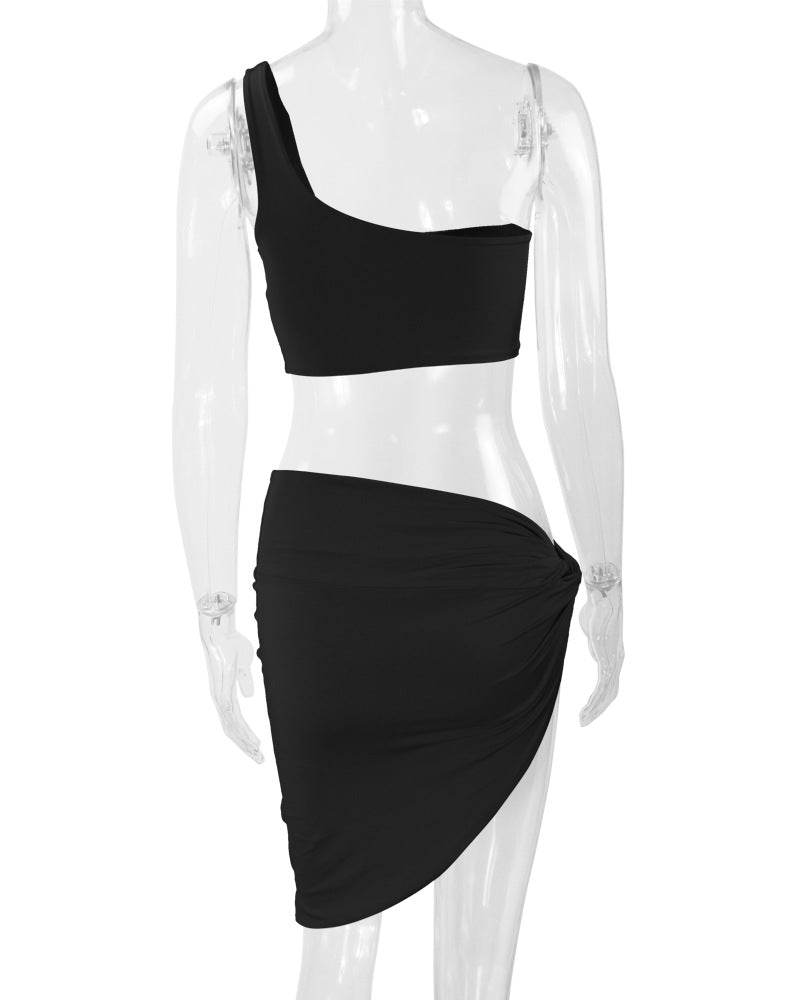 Single Shoulder Tank Top Irregular Skirt 2 Piece Set YMYF 0896