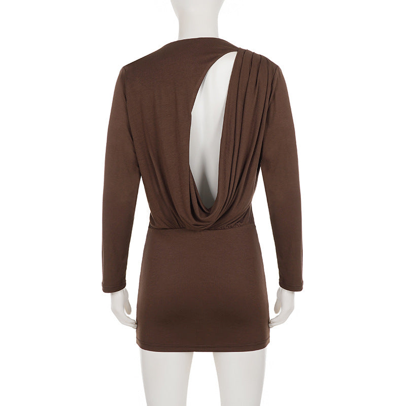 Long Sleeve Solid Color Backless Mini Dress GPKJ MR50097