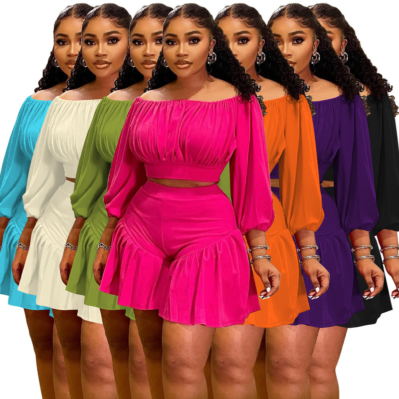 Plus Size Pleated One Shoulder Two Piece Short Set NNWF 8067